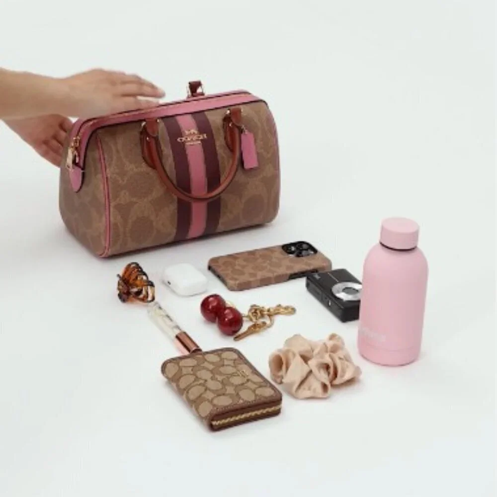 💕COACH💕 Rowan Satchel Bag ~ Signature Canvas Stripe Print Pink NWT